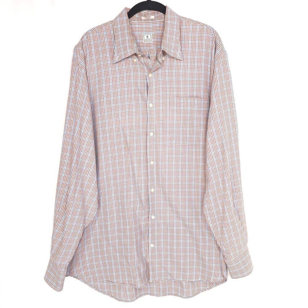 PETER MILLAR Men’s Shirt XL Check Plaid Brown Blue Cotton Long Sleeve
